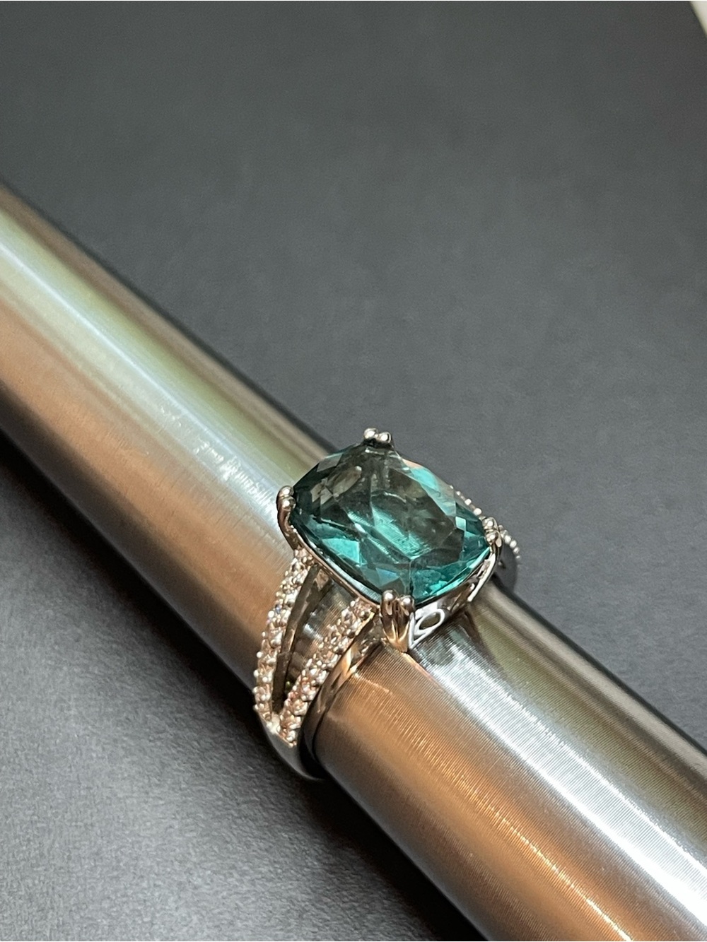 Tourmaline Cushion-Cut Crystal Ring with Pavé Band - Picture 4 of 7
